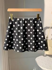 Comfortcana Chân váy dệt kim màu đen in hình trái tim và chấm bi, kiểu dáng thường ngày, phù hợp cho nữ. - màu đen - Xem 3
