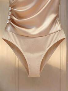 Franclia 时尚新款简约纯色亮面交叉V领褶皱装饰纽扣无袖修身显瘦优雅女士连体衣