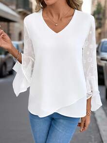 SHEIN Clasi Women's Fashionable Elegant V-Neck Flare Sleeve Long Sleeve Blouse - White - View 8