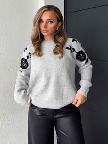 Jeta Ari 秋冬女士时尚休闲圆领长袖毛衣 - 灰色 - 查看 4