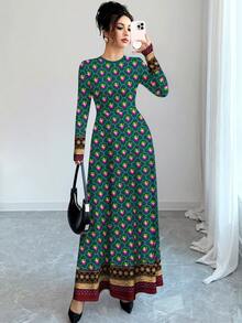 Al Najma Floral & Pattern Digital Retro Print Dark Green Crew Neck Long Sleeve A-Line Maxi Dress For Women,Autumn Ellegant Modest Boho Turkish Dining Dress - Multicolor - View 4