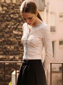 lacRébo 斑马纹长袖上衣，粉色蕾丝边饰，纽扣开襟，秋季女装，秋季穿搭，秋冬女装 - 卡其色 - 查看 2