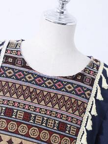 Girls' Abaya Dress, Square Neck Long Sleeve A-Line Dress With White Tassel Decor On Chest And Sleeves, Vintage Geometric Pattern Patchwork, Suitable For Festivals  Girls Navy Blue Abaya Kids Arabic Dress Girls Modest Dress Girls Navy Blue Modest Dress Girls Abaya - Navy Blue - View 4