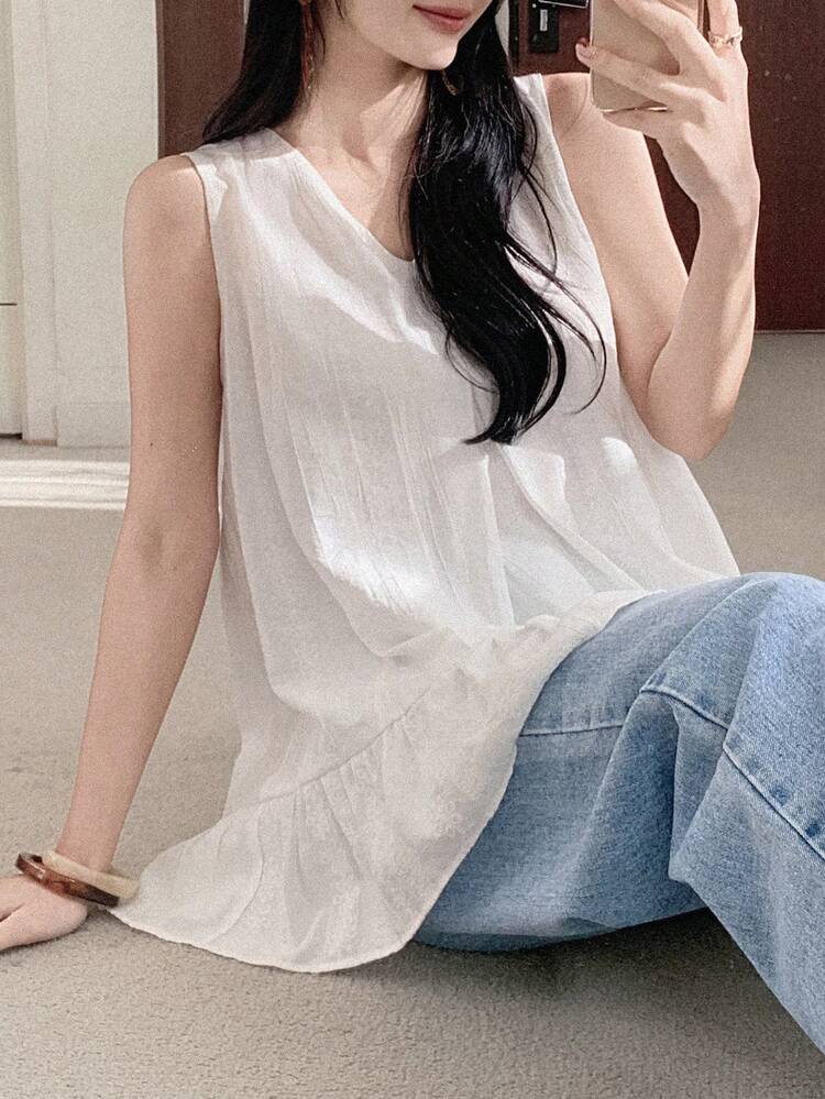 Women's Casual Solid Color Ruffle Hem Sleeveless Top, Summer