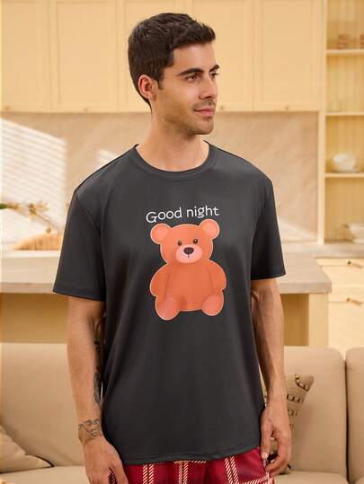 Velminro Pijama de manga corta con estampado de oso cómodo para hombres, de verano