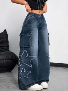Flirla Plus Size Casual Distressed Elastic Waist Jeans - Medium Wash - View 8