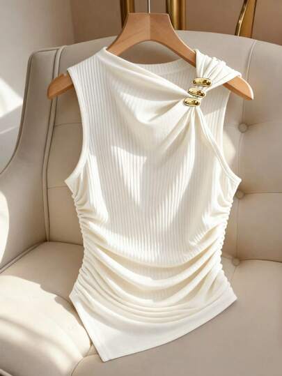 Franclia Women's Ribbed Knit Top With Metal Decor White Elegant Top Women Sleeveless Tops Women Tops Elegant Ivory Top Dress Top Elegant Women Tops Ruched Top