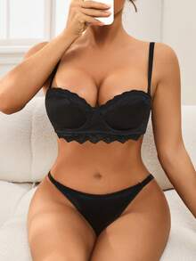 2 Pieces Set Women's Comfortable Solid Color Shiny Smooth Bra Flower Lace Scallop Trim Border Decoration Sexy Balcony Cup Steel Ring Instantlift Bra Lingerie Set - Black - View 6