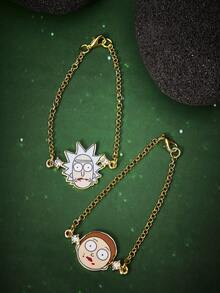Rick and Morty X SHEIN 锌合金卡通图案吊坠项链手链套装，简约优雅，适合派对、音乐会、节日等场合。 - 金色 - 查看 3