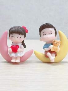 2pcs/Set Couple & Moon Pattern Decoration Craft, Small Cartoon Decorative Object For Home Decor Best Gifts Birthday Graduation - Multicolor - View 1