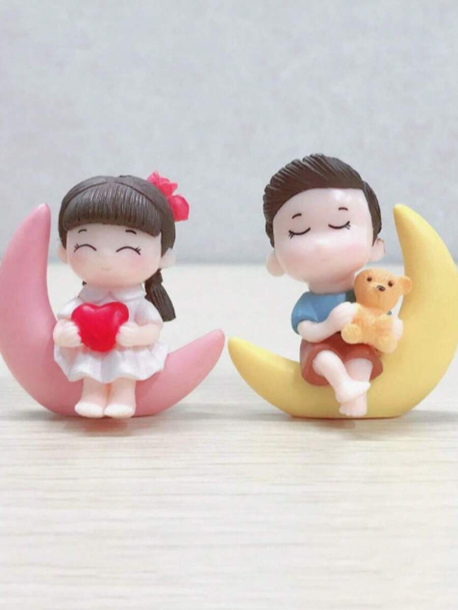 2pcs/Set Couple & Moon Pattern Decoration Craft, Small Cartoon Decorative Object For Home Decor Best Gifts Birthday Graduation - Multicolor - View 1