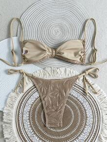 Swim Vcay Women's Solid Color Spaghetti Strap Bikini Set  Valentine's Day Carnival Party Casual Beach Vacation Outfits For Women Holiday Boho Bikini Set Boho Bathing Suit Tan Two Piece Set Boho Two Piece Set Two Piece Beach Set - Khaki - View 2