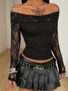 Coolane Women's Spring/Summer Witchy Sexy Goth Music Festival Chic Y2K Basic Elegant Lace Date Night Patchwork Off The Shoulder Black Long Sleeve Top - Black - View 4