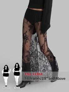 SHEIN Tall CURVE 大码性感透视蕾丝半身裙，夏季 - 黑色 - 查看 4