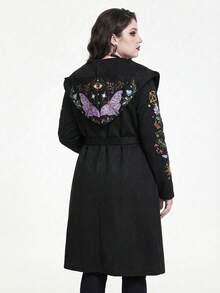 ROMWE Gothic Thorns Witch Mushroom Forest Plant Butterfly Pattern Long Witch Cloak, Long Women's Coat, Black Coat Jacket, Dark Gothic Mysterious Vintage Plus Size Jacket