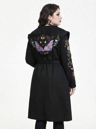 Goth Gotischer Dornen Hexen Pilz Wald Pflanzen Schmetterling Muster Lange Hexen Umhang, Lange Damen Mantel, Schwarzer Mantel Jacke, Dunkle Gotische Mysteriöse Vintage Jacke in Große Größen