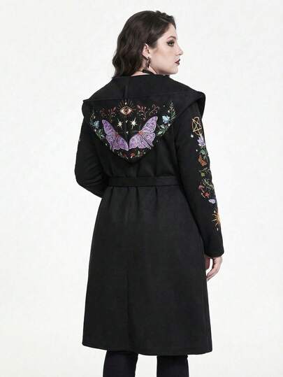 ROMWE Gothic Thorns Witch Mushroom Forest Plant Butterfly Pattern Long Witch Cloak, Long Women's Coat, Black Coat Jacket, Dark Gothic Mysterious Vintage Plus Size Jacket