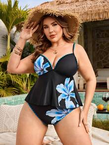 Swim Lushoire Plus Size Women Floral Digital Print Tankini Swimsuit Set, Fashion Resort Wear, Spring/Summer - Black - View 5