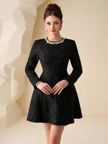 Modelyn Women's Black Woven Bubble Texture Rhinestone Trim Waist Flare Hem Elegant Long Sleeve Dress, Spring/Summer - Black - View 2