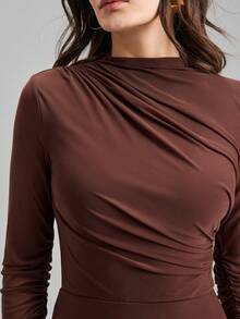 Ontre Women's Solid Color Stand Collar Pleated Design Slim Fit Long Sleeve Dress, Urban Chic Business Casual Elegant Versatile Dress For Daily Wear, Party, Formal Occasions, Summer - Brown - View 6