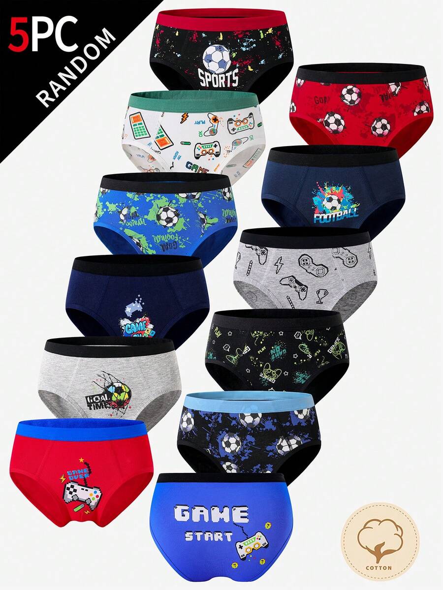5pcs/Pack Young BoyCasual Cute Game Console & Football Printed Comfortable Fashion Random Color Triangle Briefs