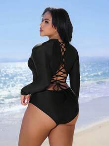 Swim SPRTY 大码女士连体防晒泳衣，高领长袖修身显瘦，后背交叉系带，时尚性感运动度假风泳装