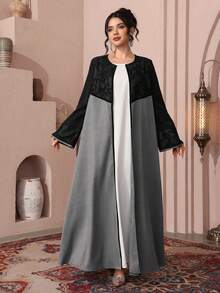 Al Najma 镂空蕾丝拼接阿巴雅开衫，撞色设计，优雅阿拉伯长袍，适合正式场合 - 灰色 - 查看 4
