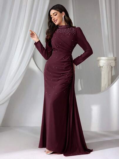 Coutiva Women's Mandarin Collar Long Evening Gown Dress With Faux Pearl Decor Burgundy Elegant Dress Long Sleeve Formal Dress Mother Of The Bride Evening Dress Modest Evening Dress Pearl Embellished Dress Burgundy Mother Of Groom Dress Valentines Dress Elegant Dress Sequin Dress Pink Red Dress Floral Dress  Graduation Ceremony, School Opening, Music Festival, Birthday Party, Wedding, Afternoon Tea Gathering, Ball