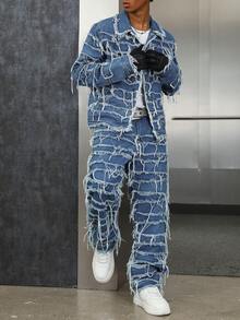 PAVTROS American Style Patch & Fringe Denim Outfit Men 2 Piece Set Patched - Blue - View 6