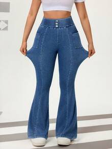 SHEIN Unity Women's Solid Color Pocket Button Elastic Casual Flare Jeans - Blue - View 5