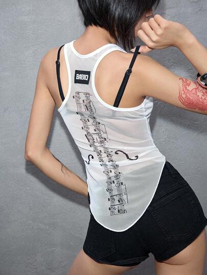 ROMWE Avant Canotta aderente da donna in stile Y2K con patchwork in rete e motivo a spartito musicale