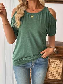 EMERY ROSE Plus Size Women Hollow Out Round Neck Casual Short Sleeve Top, Summer - Army Green - View 4