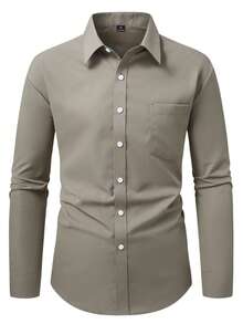 Manfinity Mode Men's Solid Color Regular Shoulder Front Button Casual Business Long Sleeve Shirt - Green - View 3
