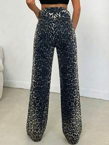 SHEIN Tall 100%纯棉中腰阔腿豹纹高个牛仔裤 - 彩色 - 查看 2