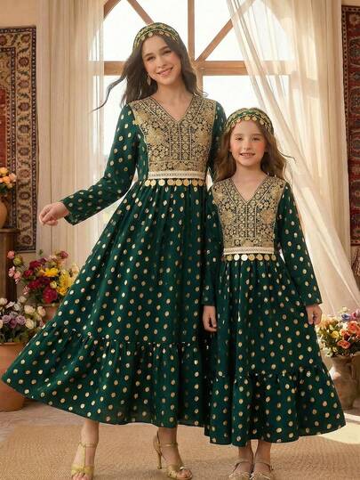 SHEIN Elegant Robe With Flared Hem, Gold Foil Polka Dots, Embroidered Collar, Metallic Trim, Fashionable & Comfortable, Suitable For Outings, Gatherings, Holidays