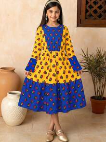 Tween Girls' Casual Minimalist Round Neck Long Sleeve Maxi Waist Cinched Dress, Suitable For Spring/Autumn, Festivals, Outings, Sisters - Multicolor - View 3