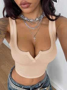 Coolane Women's Spring/Summer Concert Outfit Rave Outfit Festival Going Out Renaissance Fair  Y2K Rib Knit Notched Collar Truncated T-Shirt Tees Sexy Tops For Club Nude Top Sexy Crop Top - Apricot - View 2