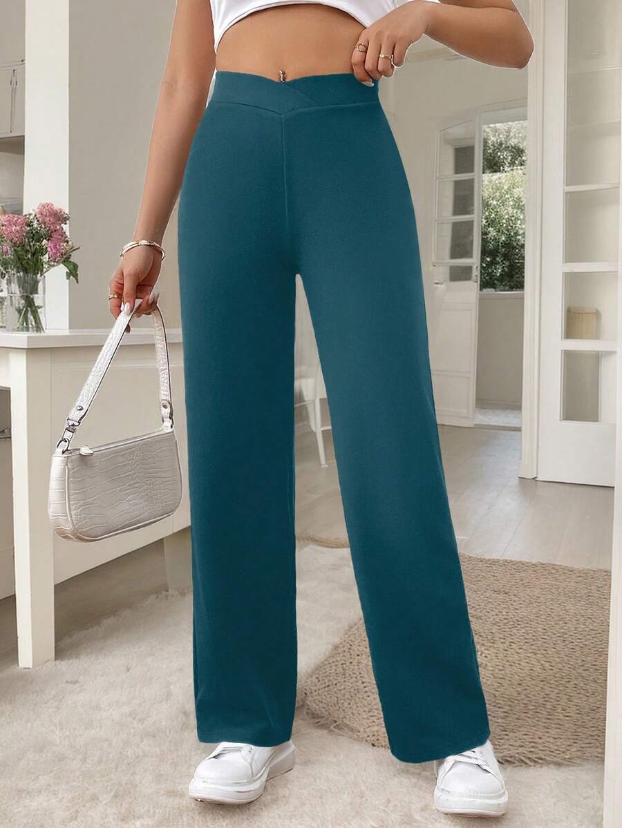 SHEIN Frenchy 女士休闲优雅扭腰修身直筒裤 - 藍色 - 查看 1