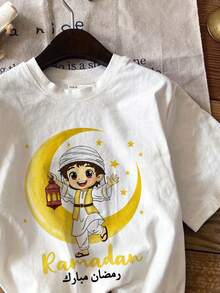 青少年男童休闲简约卡通可爱星月元素阿拉伯风格节日快乐短袖圆领T恤，适合春夏日常穿着 - 彩色 - 查看 4
