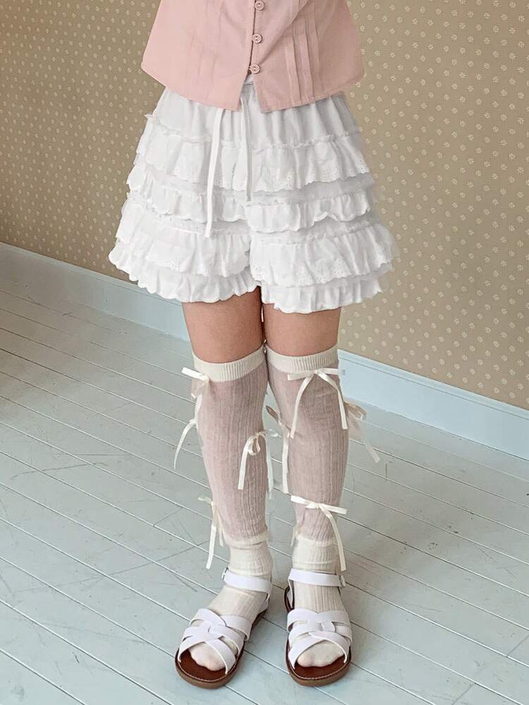 Tween Girls' Summer Casual Solid Color Ruffle Hem Shorts