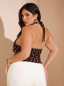 SHEIN BAE 休闲夏季黑色波点印花露背上衣，适合早餐、郊游、约会、通勤、邮轮装、伊比沙岛装 - 咖啡棕 - 查看 2