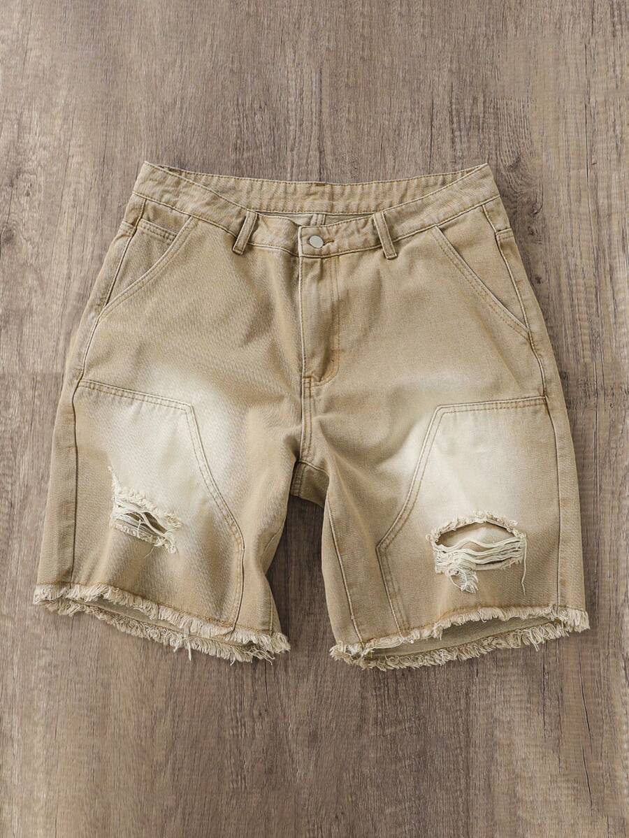 Manfinity Joysei 男式侧袋做旧流苏休闲牛仔短裤 - 卡其色 - 查看 1