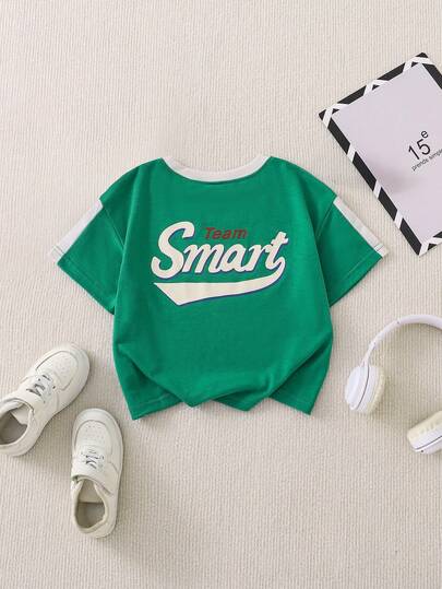 SHEIN Casuvi Kids KIDS Girls Casual Cropped Tee, Colorblock Striped Loose Dropped Shoulder Retro Letter Graphic Tee, Sweet & Cute Daily Wear, New Arrival Summer