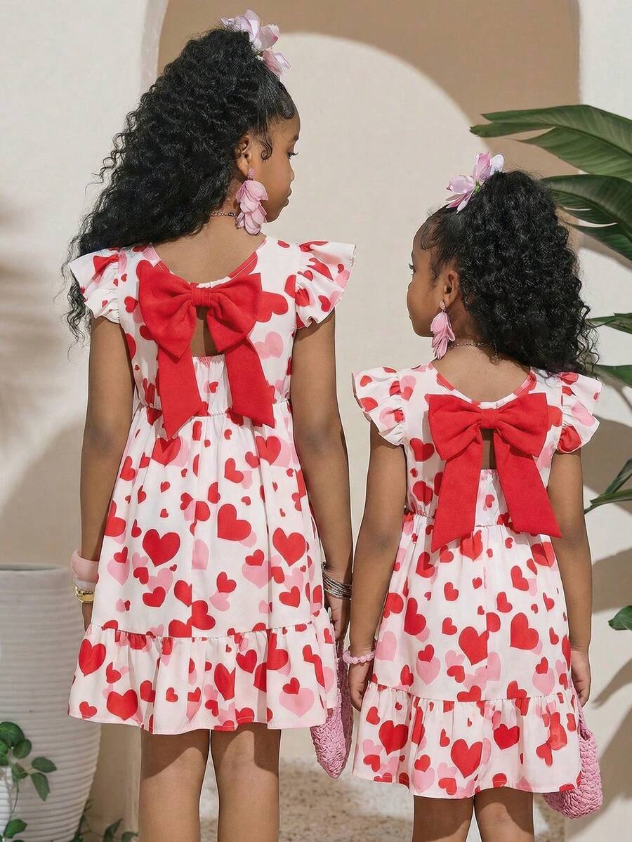 少女可爱Y2K美学粉色爱心印花露背蝴蝶结雪纺荷叶袖连衣裙，适合情人节、母女装、姐妹装、度假、节日穿着，女孩红色套装 - 紅色 - 查看 1