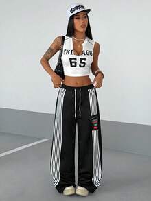 SHEIN HypeZone 2000 年代风格 Y2K 灵感女士休闲街头风两件套：印花背心和裤子 - 黑與白 - 查看 4