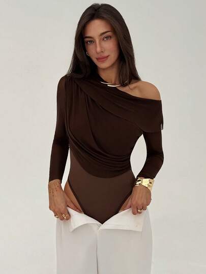 Aloruh Women's Mesh Coffee Color New Oblique Shoulder Ruched Bodysuit With Long Sleeves, Autumn/Winter, Beach Outfits For Women,Summer Holiday Outfits,Vacation Outfits Women