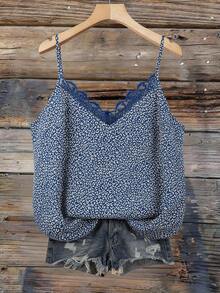 SHEIN VCAY Plus Size Women Leopard Print Sleeveless V-Neck Ruffle Trim Loose Casual Tank Top, Western Chic Pattern - Royal Blue - View 1