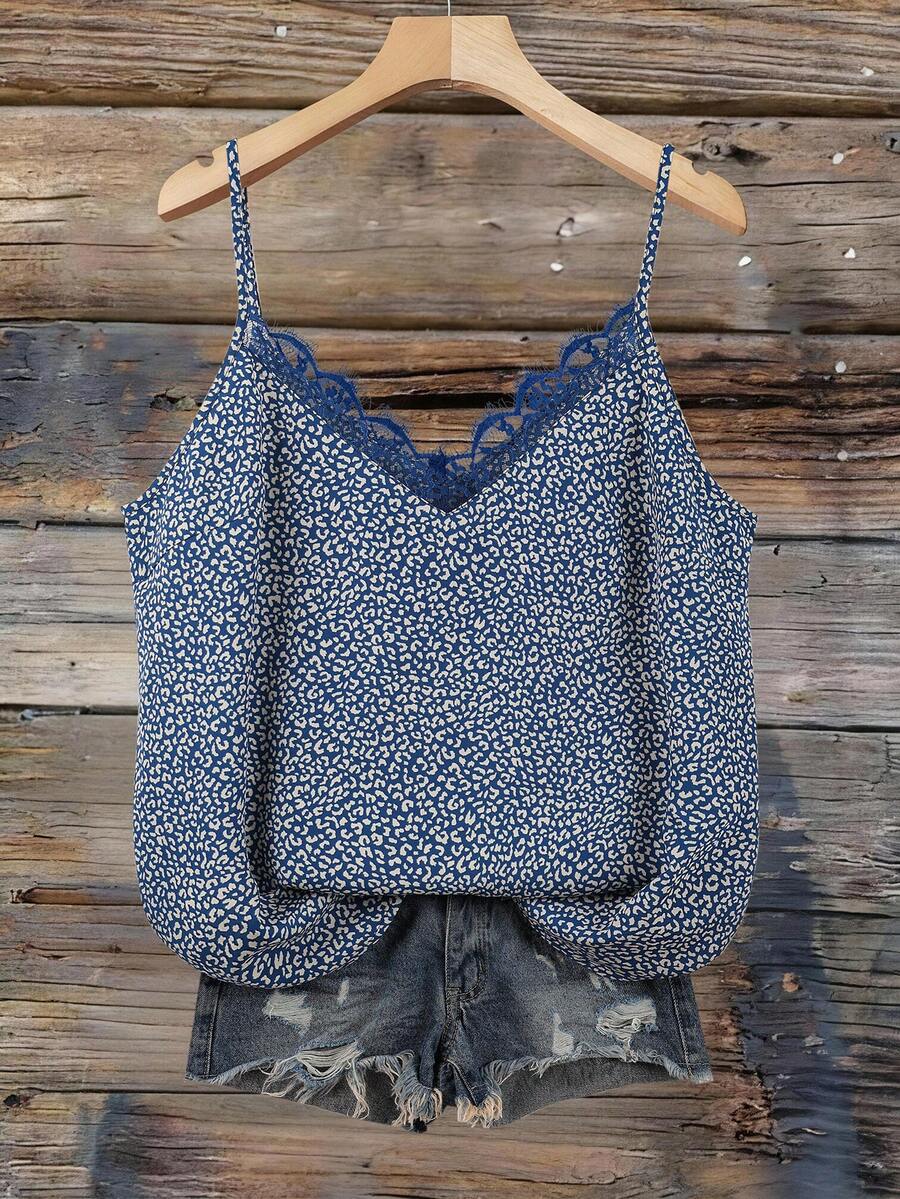 SHEIN VCAY Plus Size Women Leopard Print Sleeveless V-Neck Ruffle Trim Loose Casual Tank Top, Western Chic Pattern - Royal Blue - View 1