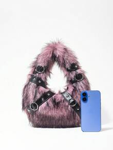 ROMWE Grunge Punk 女士手提包，毛绒，毛绒包，朋克铆钉机车包，女士礼物，金属链，时尚，个性化，百搭，购物，街头，甜美酷女孩，性感女孩，Y2K，日常，秋冬季（随机图案） - 粉色 - 查看 3