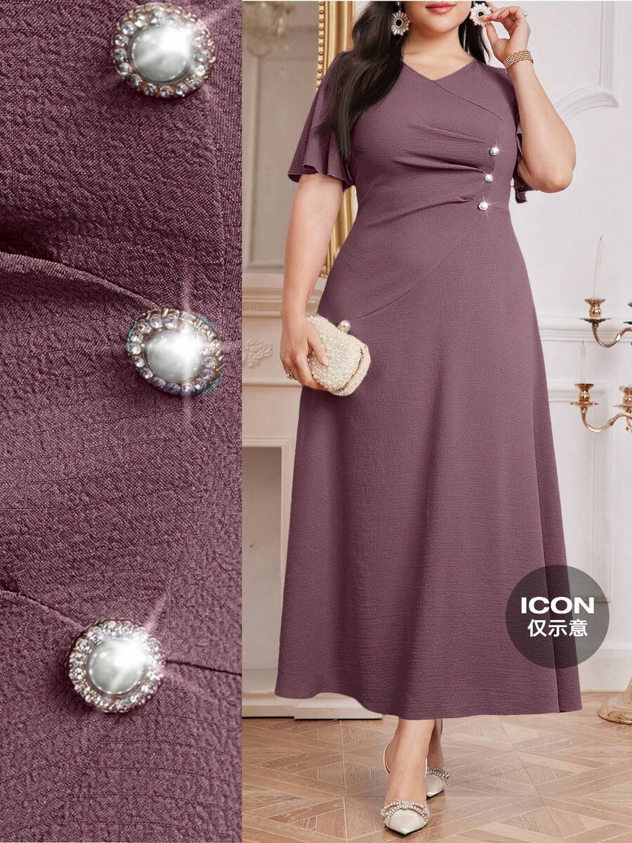 Modelyn 大码女式纯色简约日常短袖连衣裙长款晚礼服 - 紫羅蘭色 - 查看 1